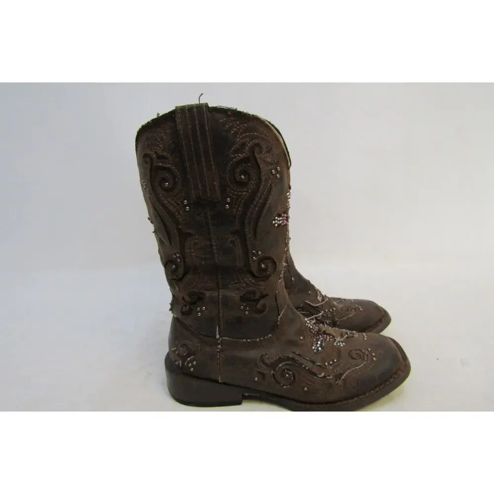 Roper Brand Youth Size 11 M Brown Inlay Cross Studded Cowboy Boots